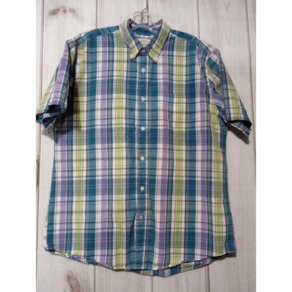 St Johns Bay Shirt Men's Large Blue Green Plaid Button Front‎ Short Sleeve - Picture 1 of 6
